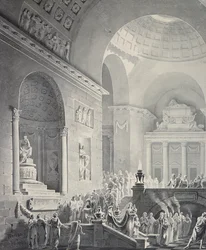 Szene in einem klassischen Tempel: Trauerzug eines Kriegers